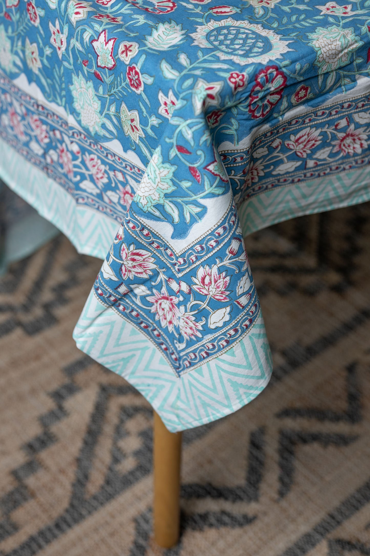 Sapphire Elegance 100% Cotton Handblock Printed Tablecloth 72" x 108"