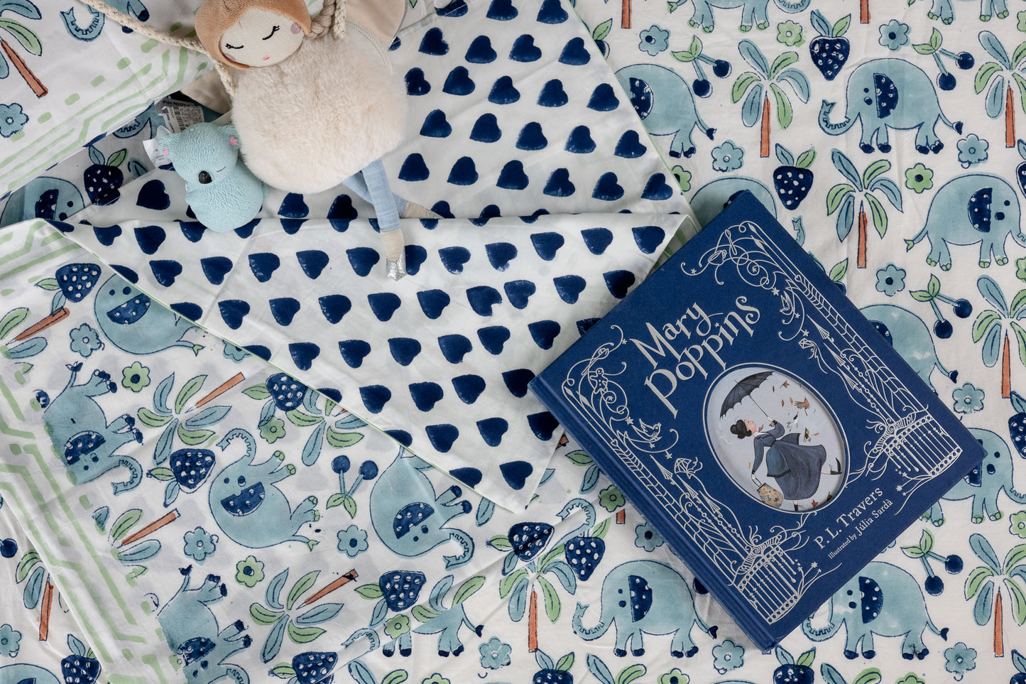 Gajra Blue 100% Cotton Handblock Printed Fitted sheet with Pillow covers