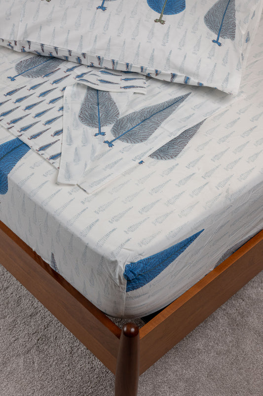 Sapphire Pines 100% Cotton Handblock Printed Fitted sheet with Pillow covers