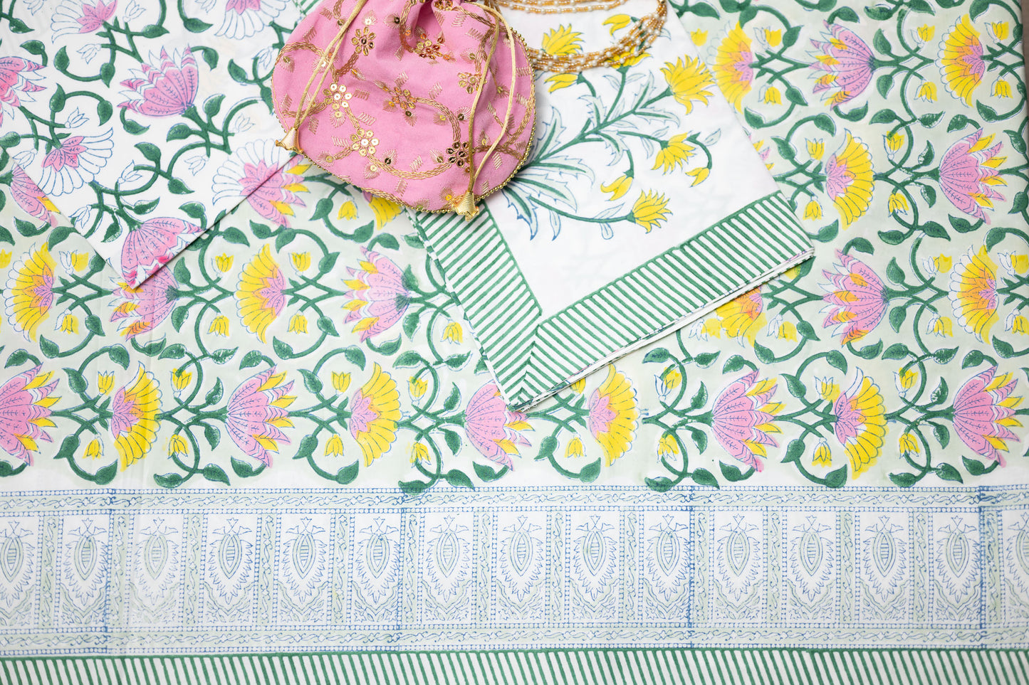 Lotus Bloom 100% Cotton Handblock Printed Flat sheet with Pillow covers