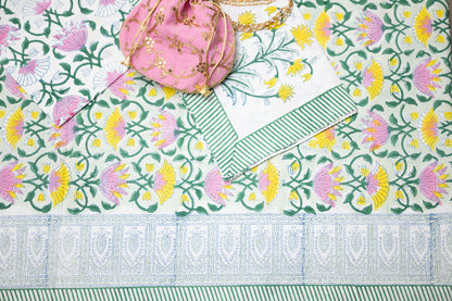 Lotus Bloom 100% Cotton Handblock Printed Flat sheet with Pillow covers