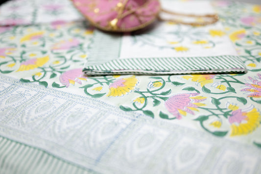 Lotus Bloom 100% Cotton Handblock Printed Flat sheet with Pillow covers