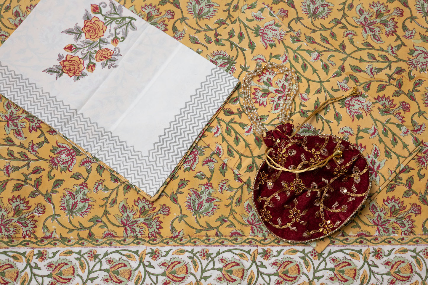 Golden flora  100% Cotton Handblock Printed Flat sheet with Pillow covers