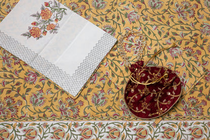 Golden flora  100% Cotton Handblock Printed Flat sheet with Pillow covers