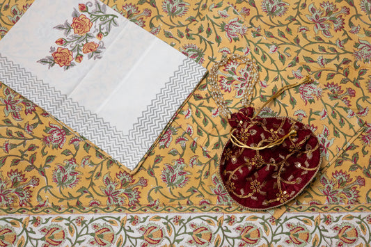Golden flora  100% Cotton Handblock Printed Flat sheet with Pillow covers