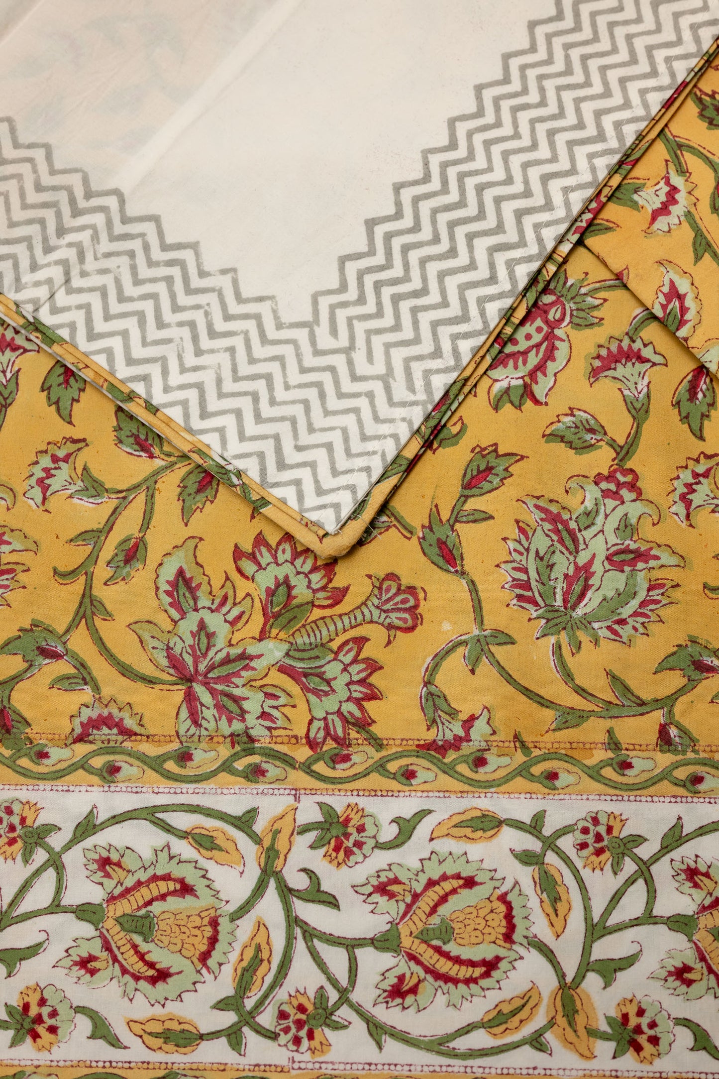 Golden flora  100% Cotton Handblock Printed Flat sheet with Pillow covers