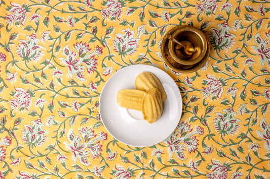 Mustard Blossom 100% Cotton Handblock Printed Tablecloth 60" x 90"