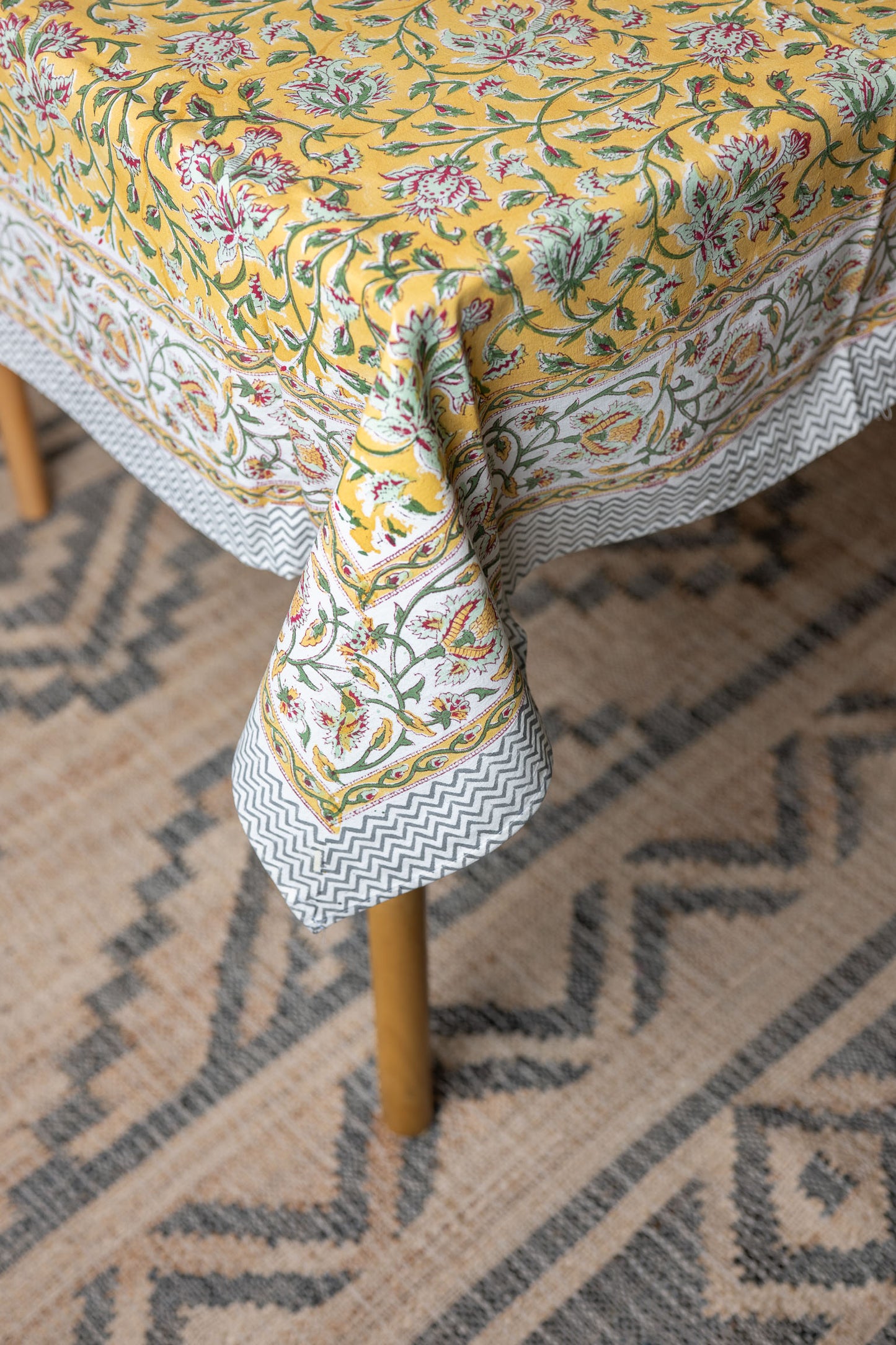 Mustard Blossom 100% Cotton Handblock Printed Tablecloth 60" x 90"