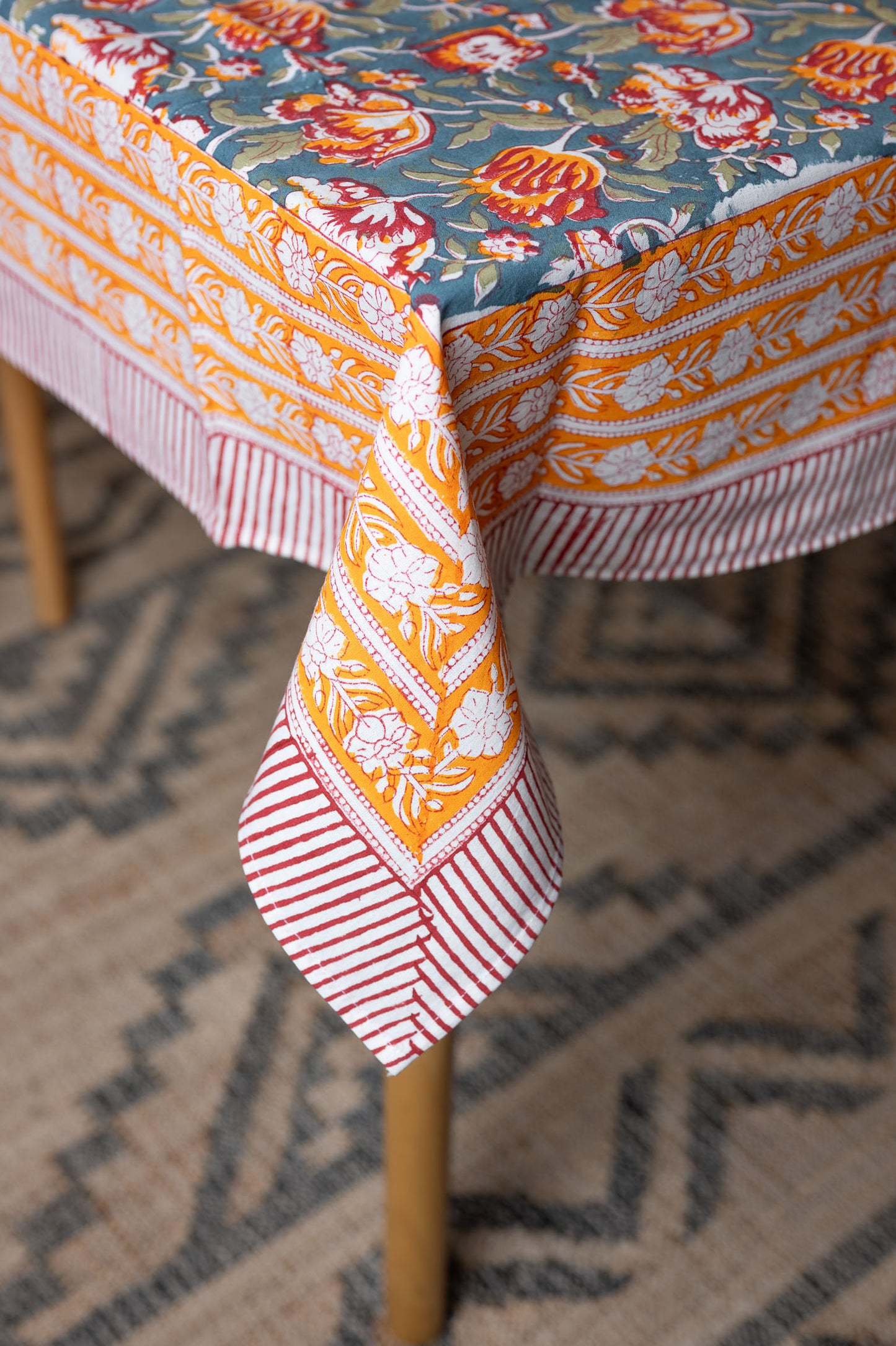 Flower Loom 100% Cotton Handblock Printed Tablecloth 60" x 90"