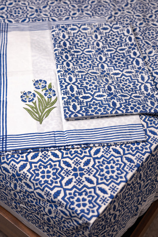 Blue Harmony 100% Cotton Handblock Printed Fitted sheet with Pillow covers