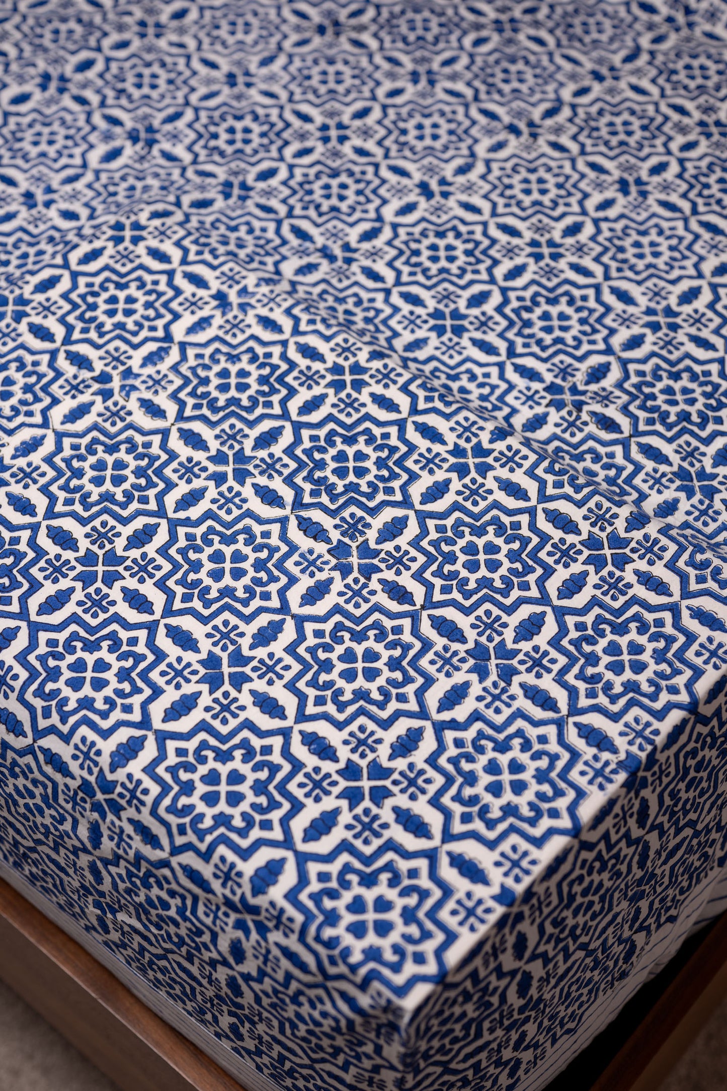 Blue Harmony 100% Cotton Handblock Printed Fitted sheet with Pillow covers