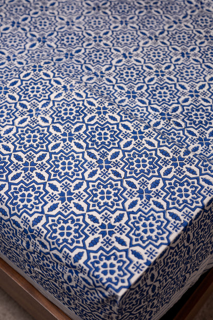 Blue Harmony 100% Cotton Handblock Printed Fitted sheet with Pillow covers