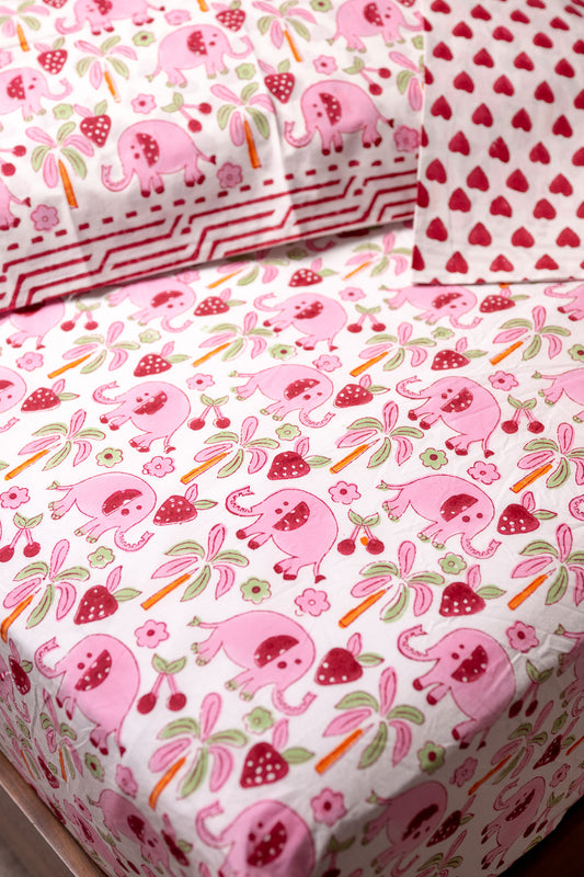 Gajra Pink 100% Cotton Handblock Printed Fitted sheet with Pillow covers