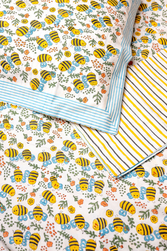 Bee Cozy 100% Cotton Handblock Printed Fitted sheet with Pillow covers