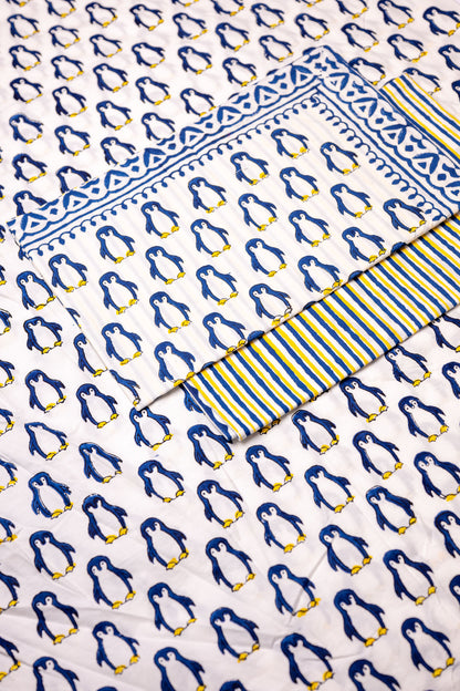 Waddle Dreams 100% Cotton Handblock Printed Fitted sheet with Pillow covers