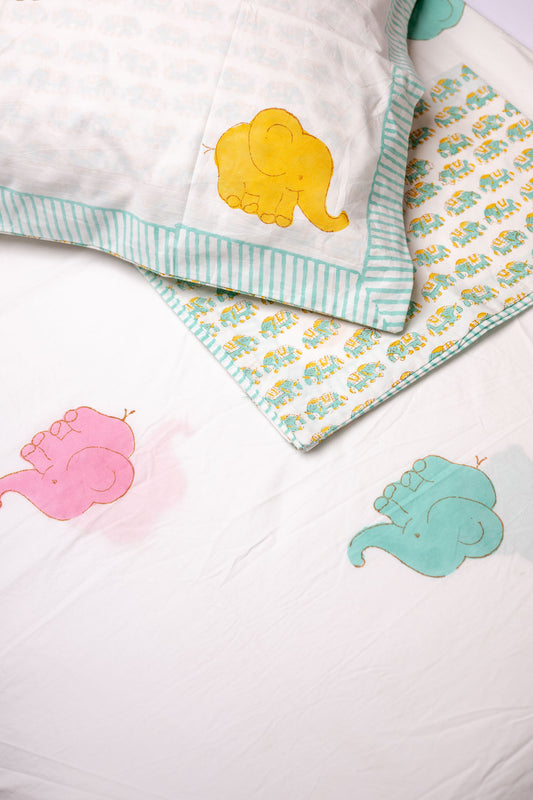 Tiny Tusk 100% Cotton Handblock Printed Fitted sheet with Pillow covers