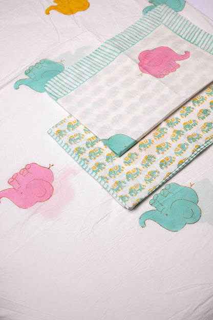 Tiny Tusk 100% Cotton Handblock Printed Fitted sheet with Pillow covers