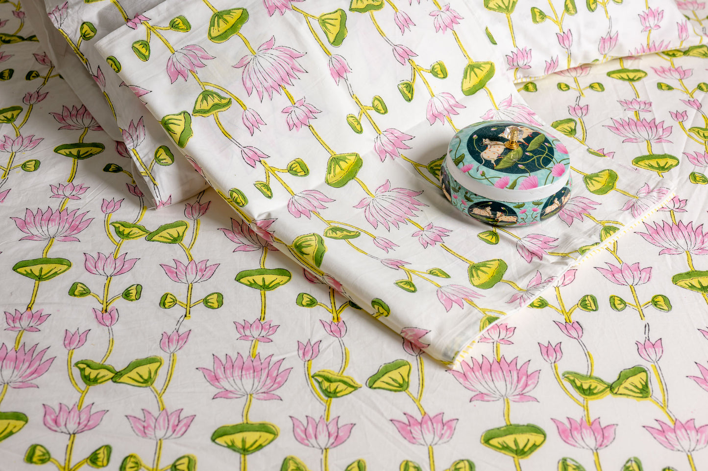 Tranquil Lotus 100% Cotton Handblock Printed Fitted sheet with Pillow covers