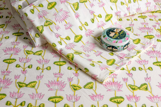 Tranquil Lotus 100% Cotton Handblock Printed Fitted sheet with Pillow covers