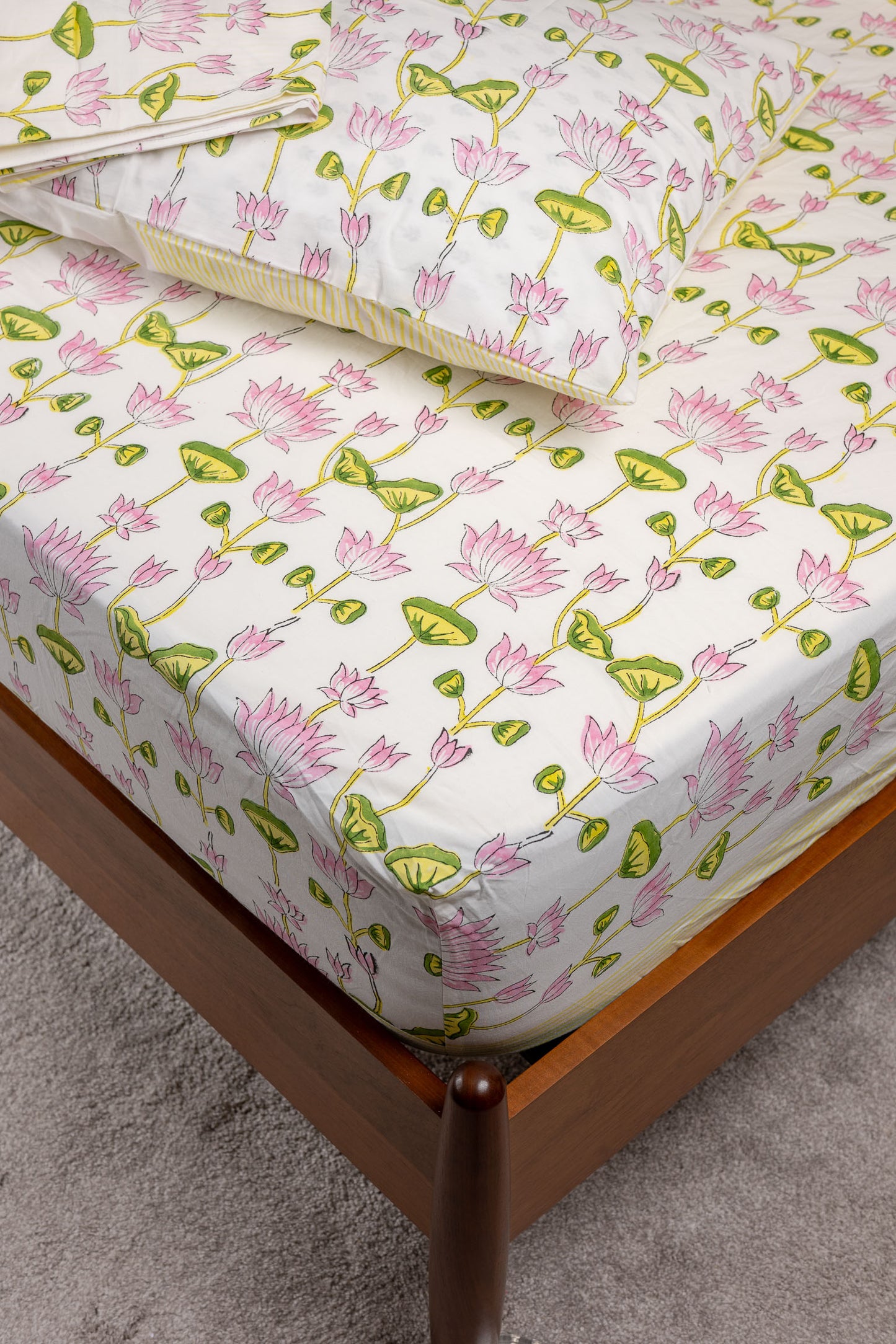 Tranquil Lotus 100% Cotton Handblock Printed Fitted sheet with Pillow covers
