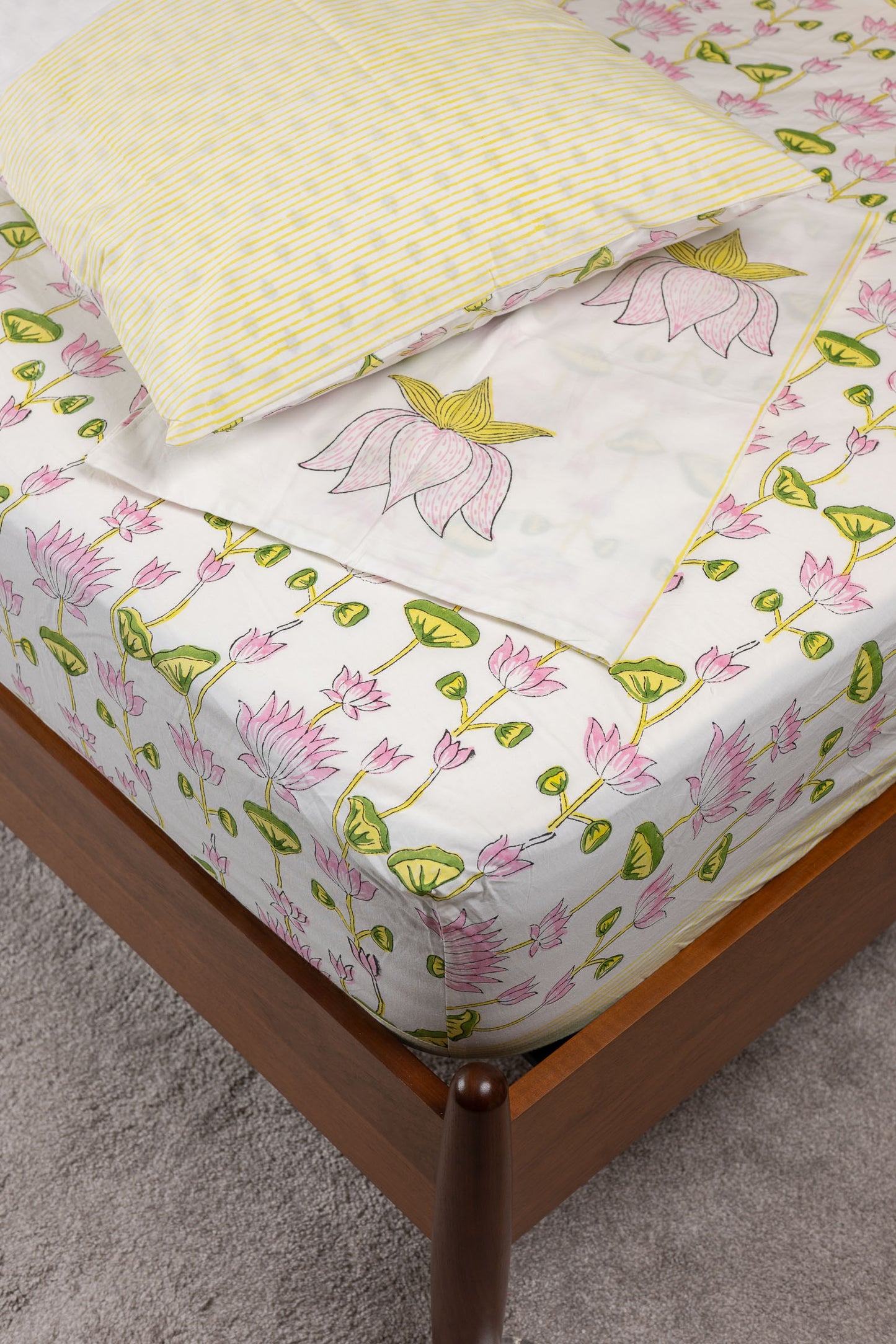 Tranquil Lotus 100% Cotton Handblock Printed Fitted sheet with Pillow covers
