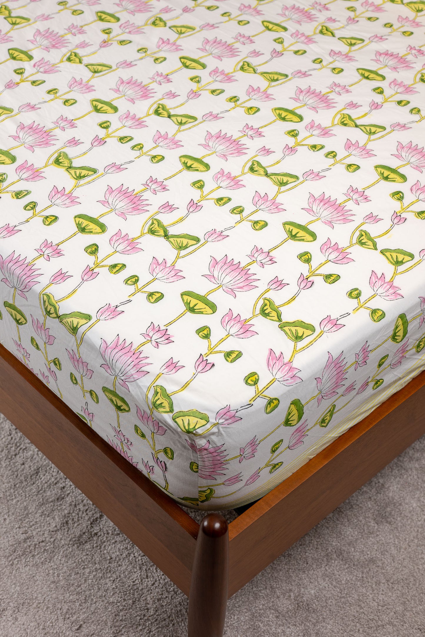 Tranquil Lotus 100% Cotton Handblock Printed Fitted sheet with Pillow covers
