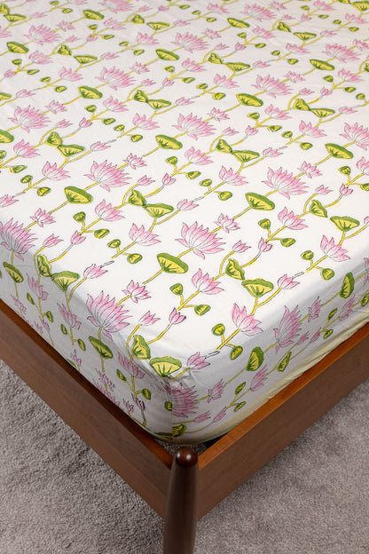 Tranquil Lotus 100% Cotton Handblock Printed Fitted sheet with Pillow covers