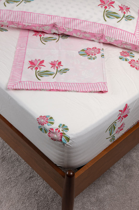 Peaceful Petals 100% Cotton Handblock Printed Fitted sheet with Pillow covers