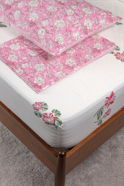 Peaceful Petals 100% Cotton Handblock Printed Fitted sheet with Pillow covers