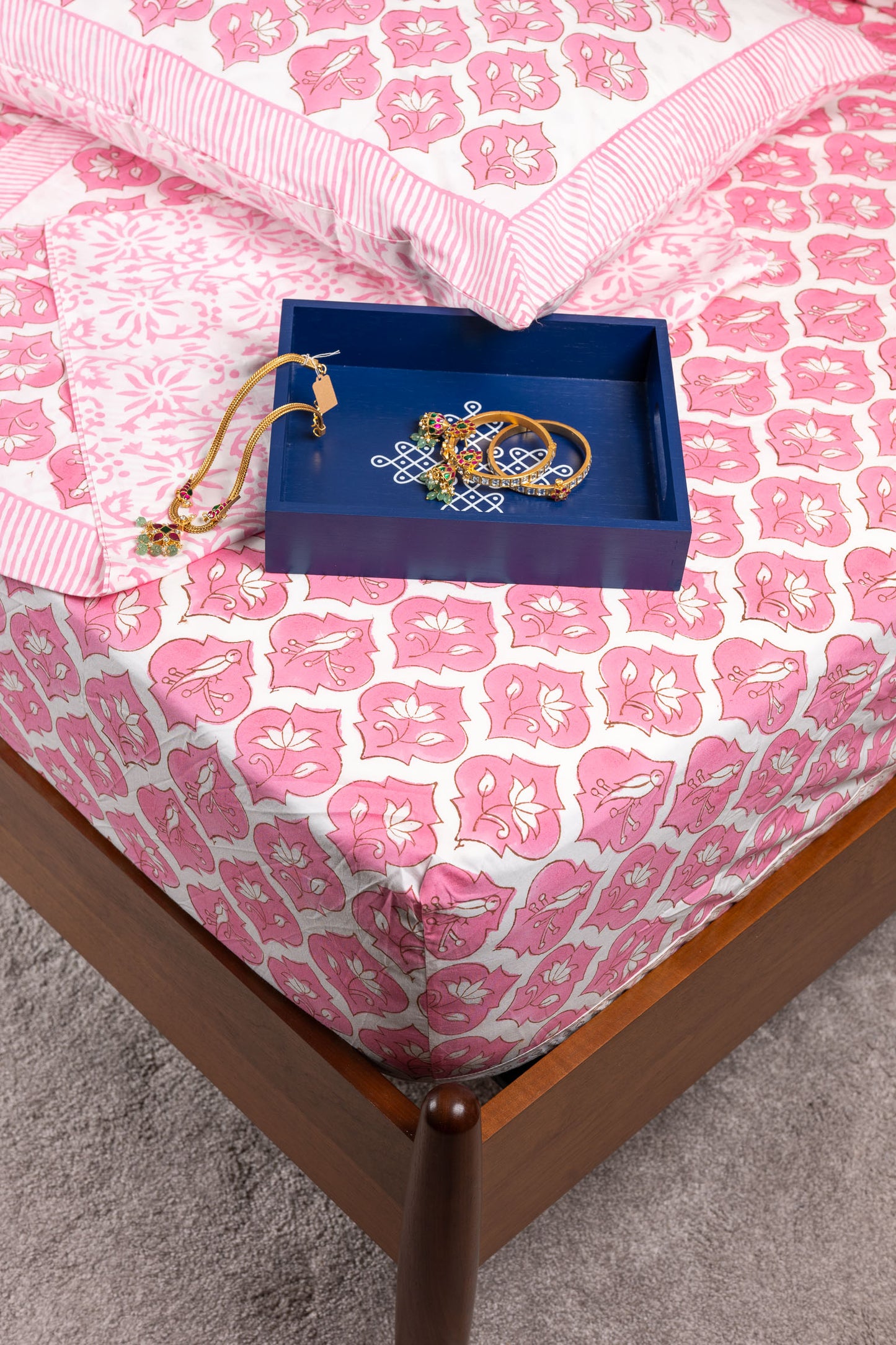 Parrot Paradise 100% Cotton Handblock Printed Fitted sheet with Pillow covers