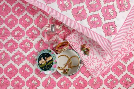 Parrot Paradise 100% Cotton Handblock Printed Fitted sheet with Pillow covers