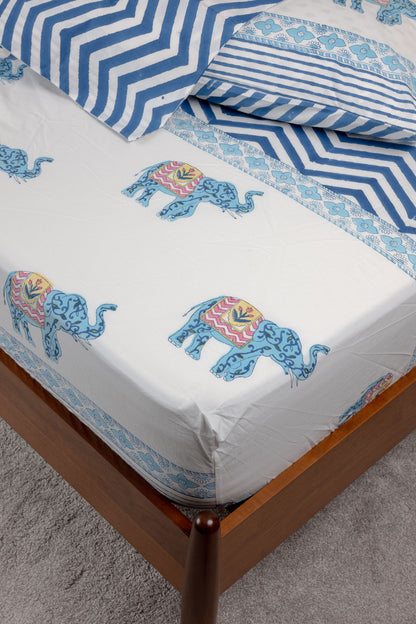 Indigo Lines 100% Cotton Handblock Printed Fitted sheet with Pillow covers