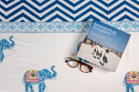 Indigo Lines 100% Cotton Handblock Printed Fitted sheet with Pillow covers