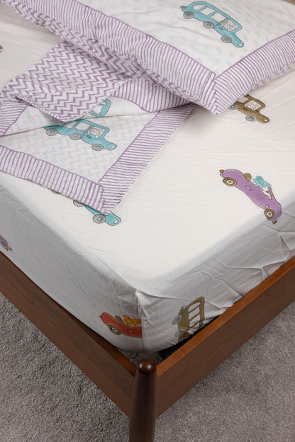 Snuggle Wheels 100% Cotton Handblock Printed Fitted sheet with Pillow covers