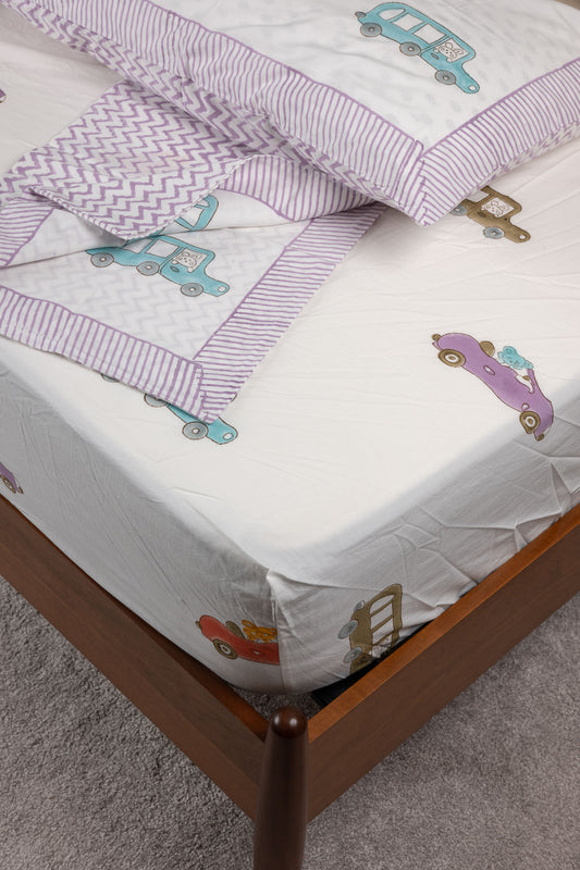 Snuggle Wheels 100% Cotton Handblock Printed Fitted sheet with Pillow covers