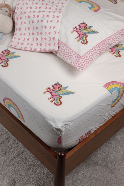 Rainbow Dreams 100% Cotton Handblock Printed Fitted sheet with Pillow covers