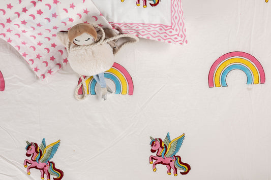 Rainbow Dreams 100% Cotton Handblock Printed Fitted sheet with Pillow covers