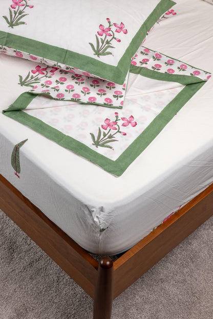 Garden Giggles 100% Cotton Handblock Printed Fitted sheet with Pillow covers