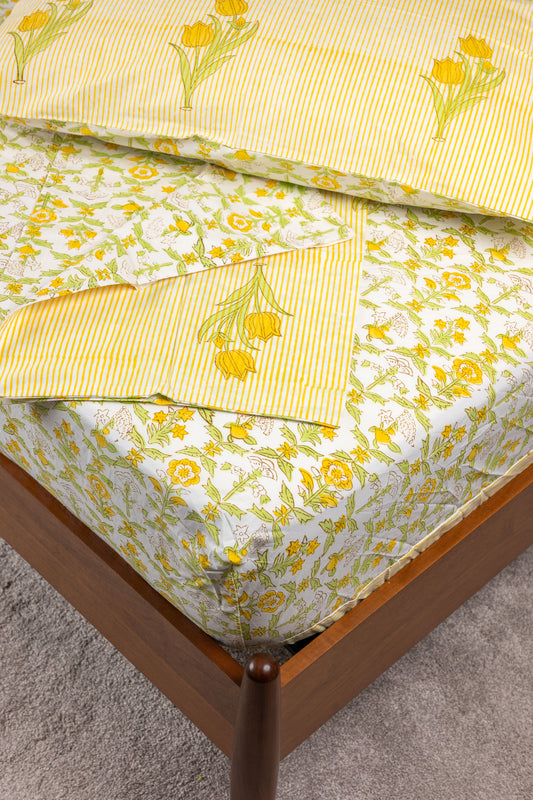 Morning Glow 100% Cotton Handblock Printed Fitted sheet with Pillow covers