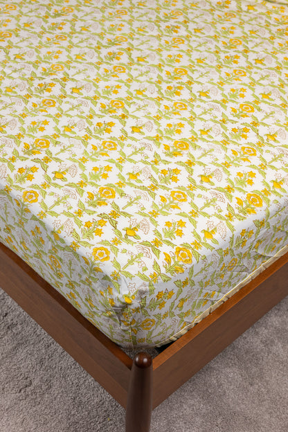 Morning Glow 100% Cotton Handblock Printed Fitted sheet with Pillow covers