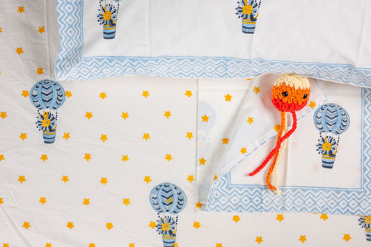 Balloon Buddies 100% Cotton Handblock Printed Fitted sheet with Pillow covers