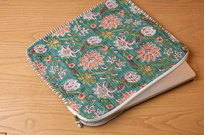 Verdant Hand Block Print 100% Cotton Quilted Laptop Sleeve