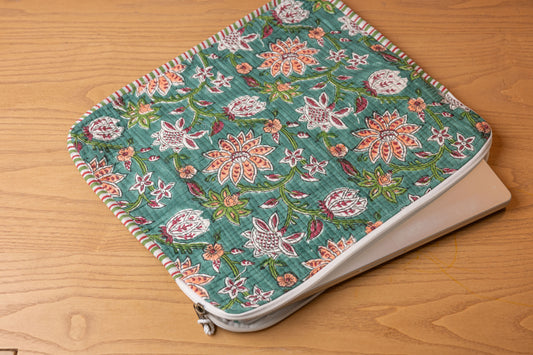 Verdant Hand Block Print 100% Cotton Quilted Laptop Sleeve