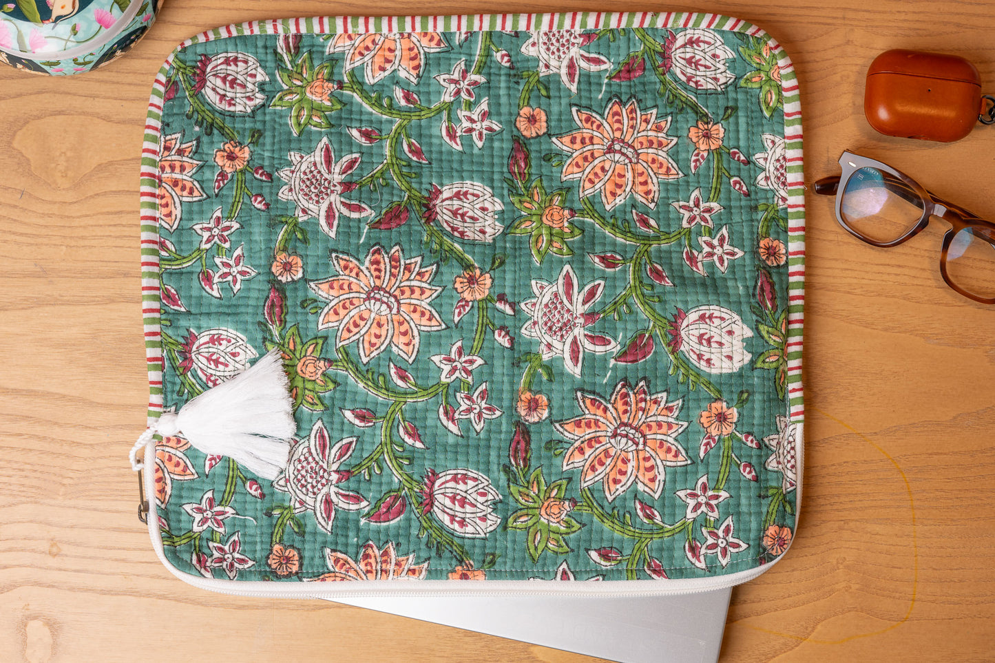 Verdant Hand Block Print 100% Cotton Quilted Laptop Sleeve