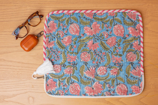 Gardenia Hand Block Print 100% Cotton Quilted Laptop Sleeve