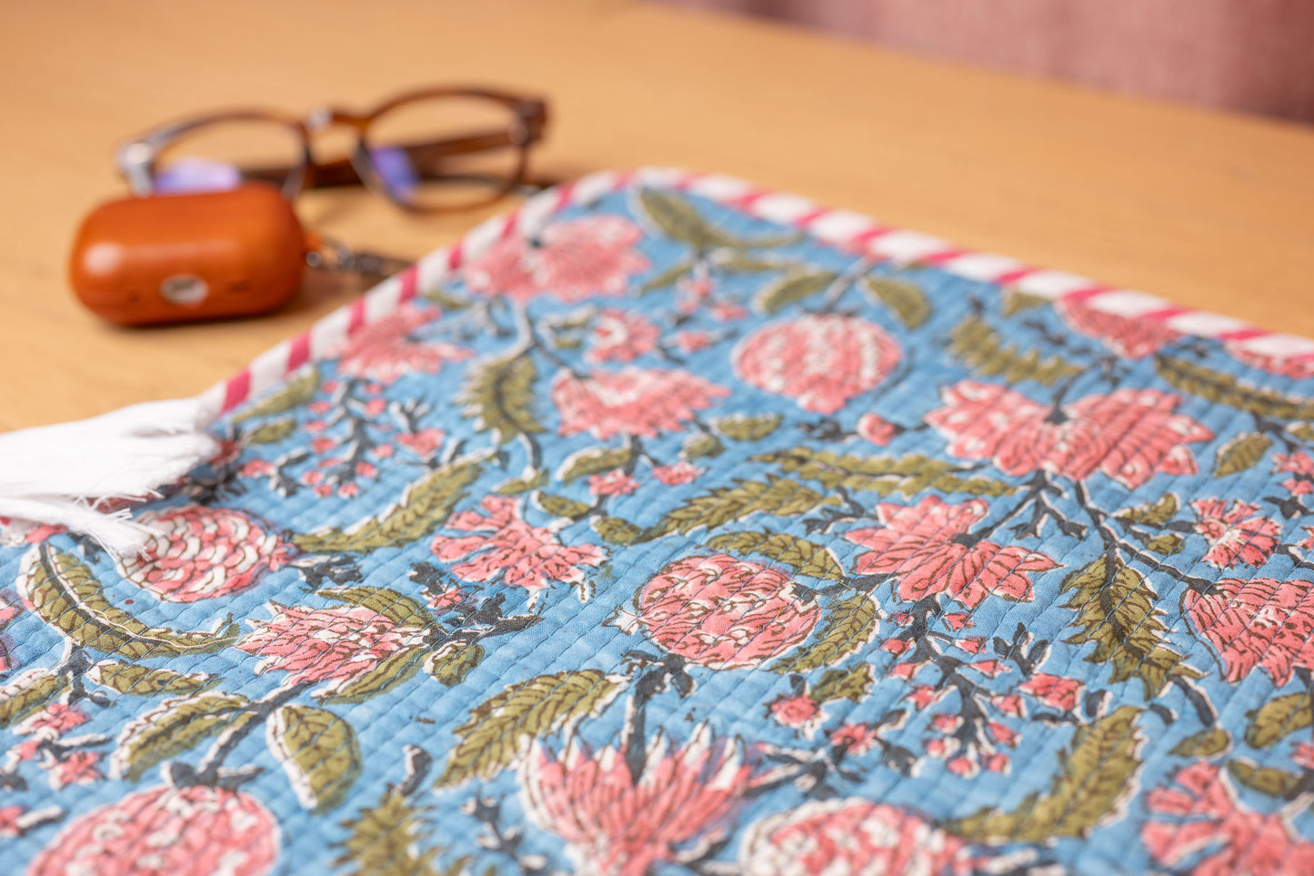 Gardenia Hand Block Print 100% Cotton Quilted Laptop Sleeve