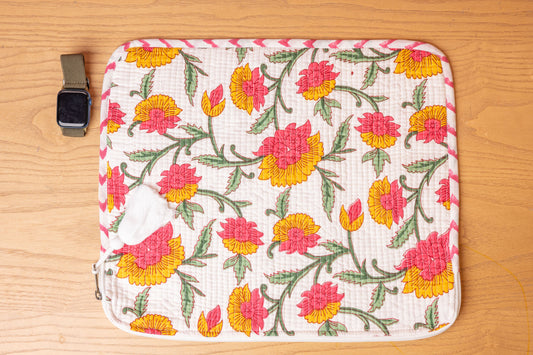 Rosette Hand Block Print 100% Cotton Quilted Laptop Sleeve