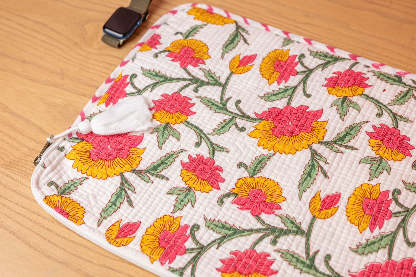 Rosette Hand Block Print 100% Cotton Quilted Laptop Sleeve