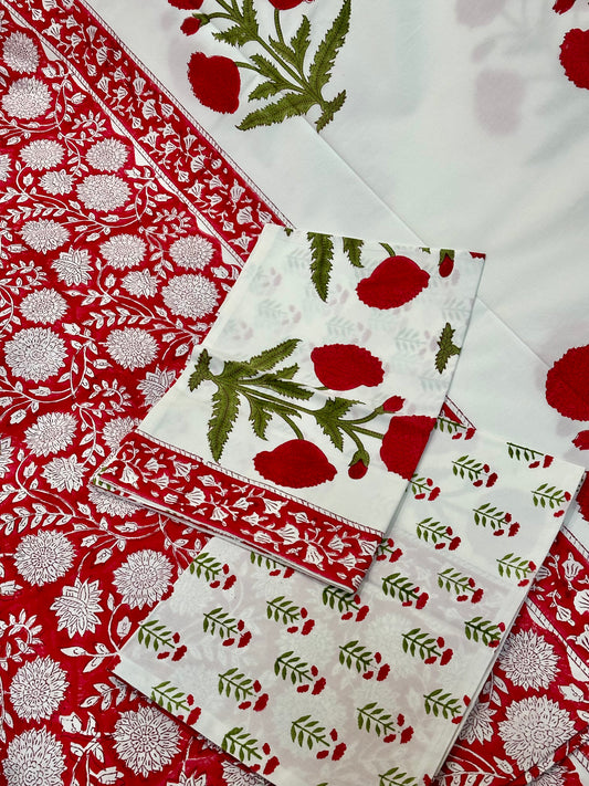 Scarlet Flora  100% Cotton Handblock Printed Flat sheet with Pillow covers