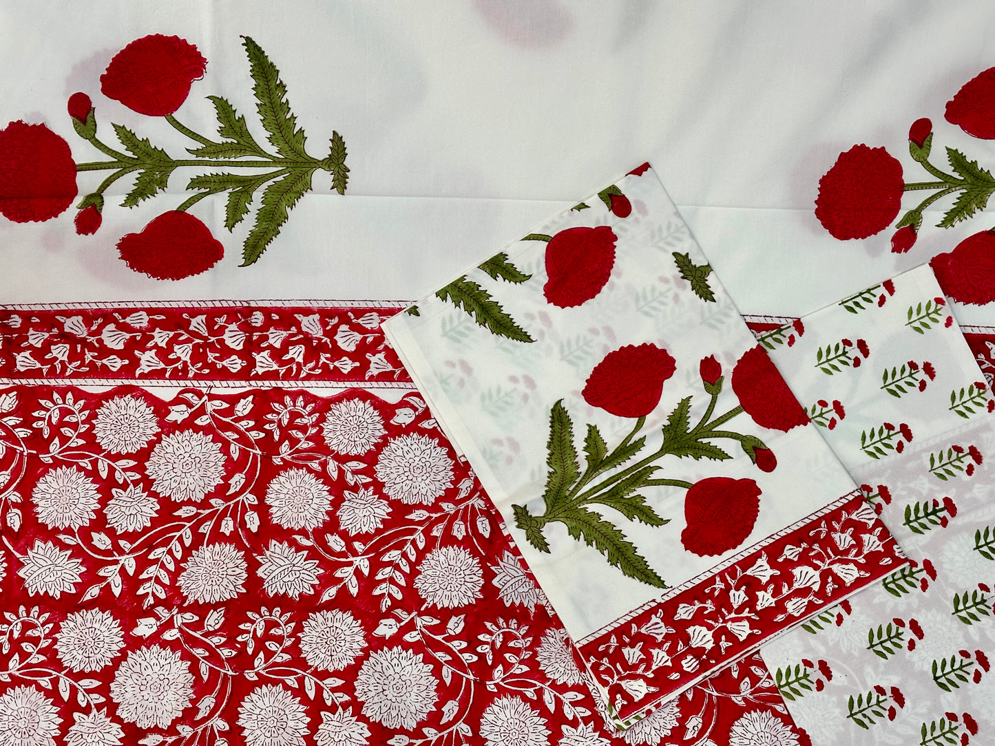 Scarlet Flora  100% Cotton Handblock Printed Flat sheet with Pillow covers